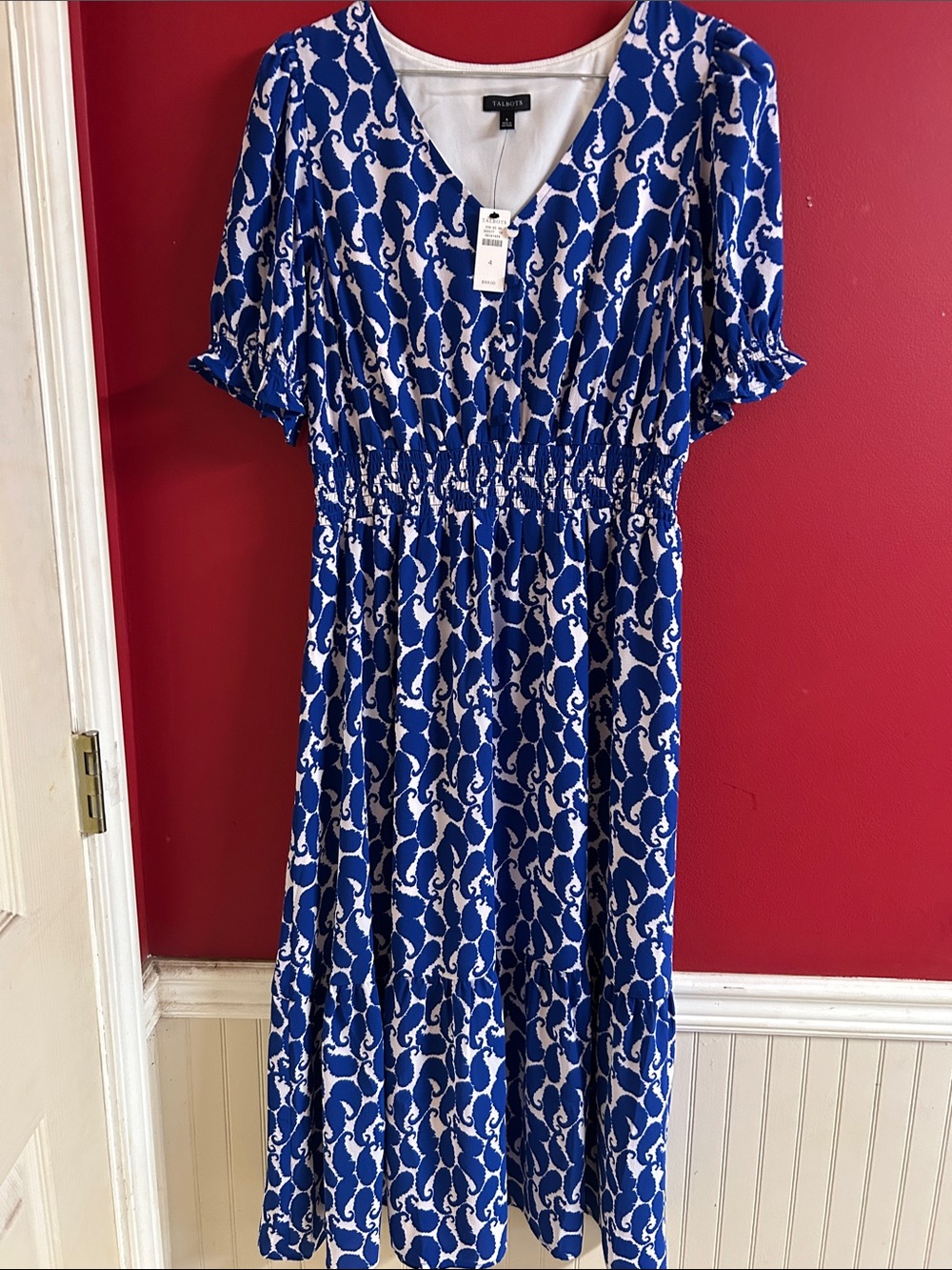 Talbots Blue and White Printed Maxi Dress with V-Neck size 4
